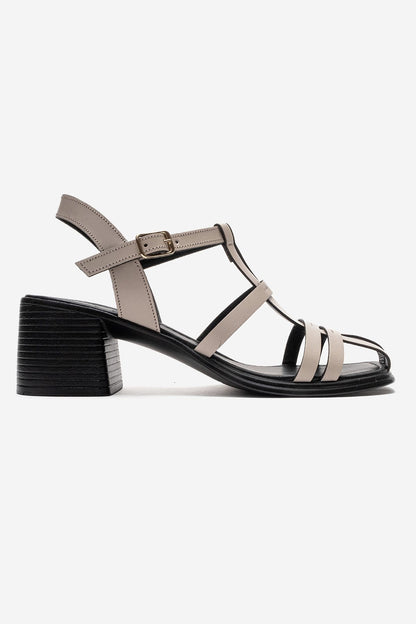 CIELOS - Sandalia de Piel Genuina Beige con Tacón Cuadrado (Mujer)