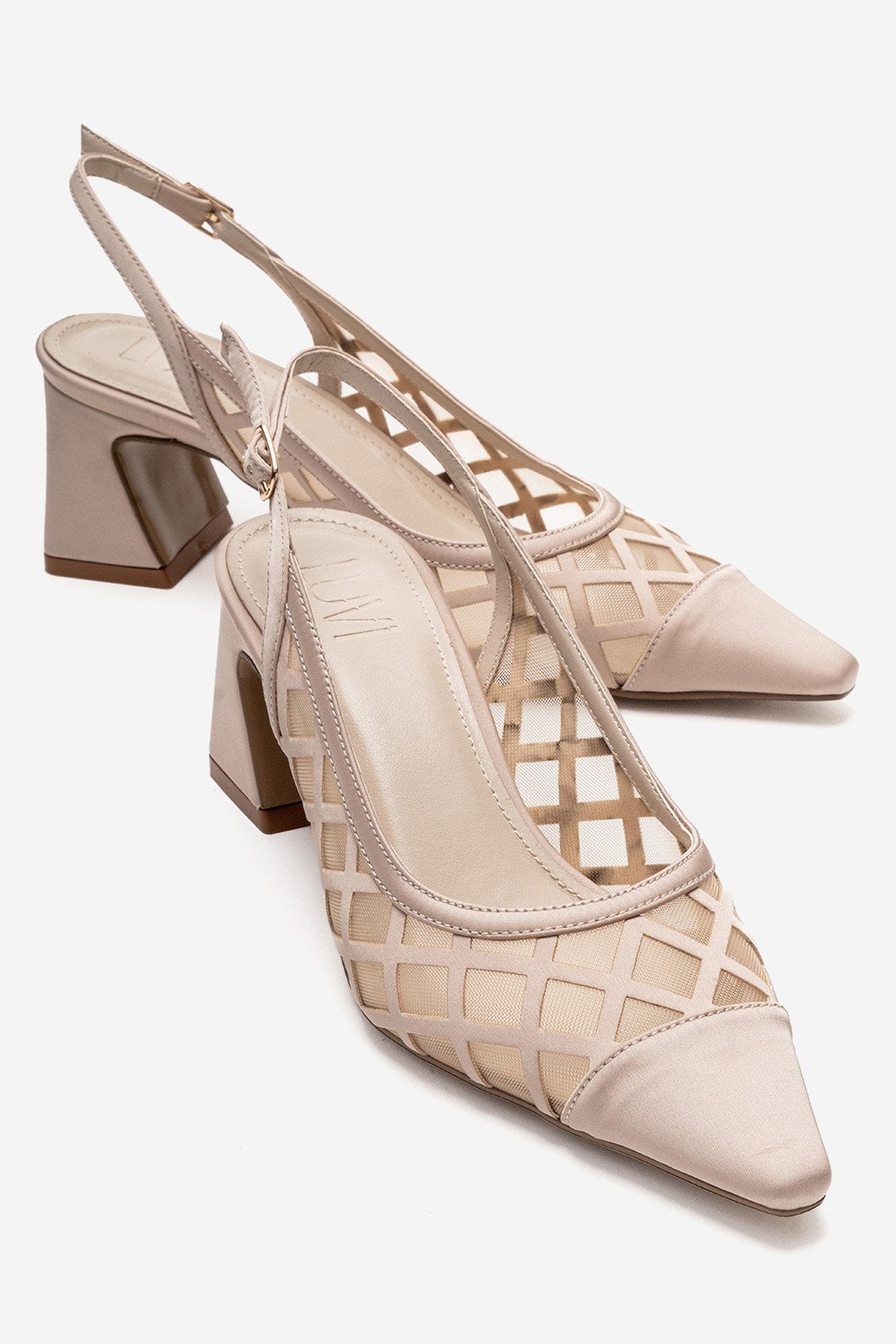 ALVERON - Beige Satin Mesh Detail Block Heel Pump (Women)