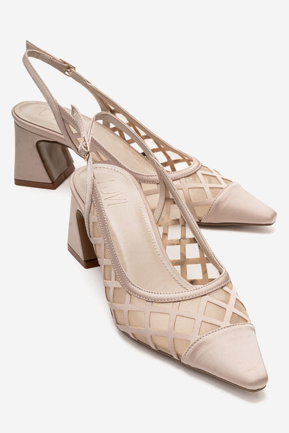 ALVERON - Beige Satin Mesh Detail Block Heel Pump (Women)