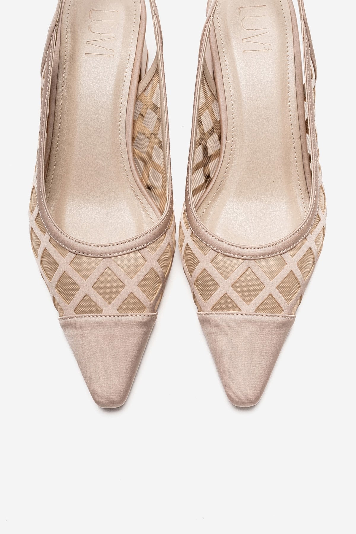 ALVERON - Beige Satin Mesh Detail Block Heel Pump (Women)