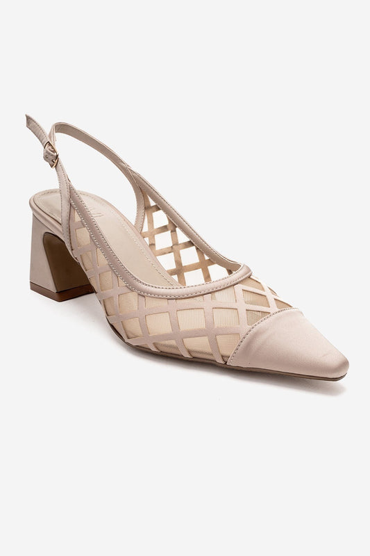 ALVERON - Beige Satin Mesh Detail Block Heel Pump (Women)