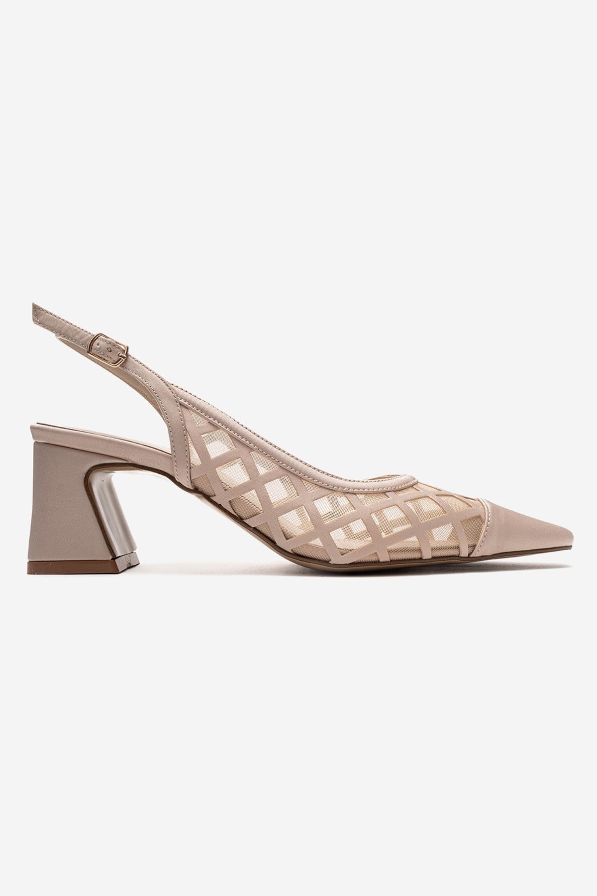 ALVERON - Beige Satin Mesh Detail Block Heel Pump (Women)