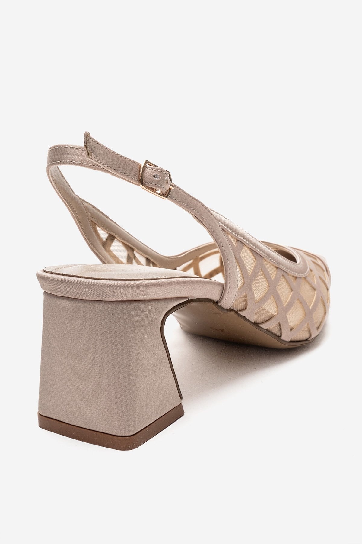 ALVERON - Beige Satin Mesh Detail Block Heel Pump (Women)