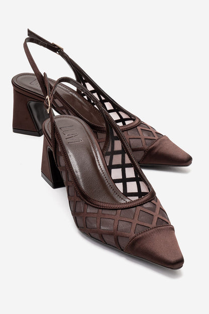 ALVERON - Zapatos de tacón de bloque de satén coñac con detalle de malla (Mujer)