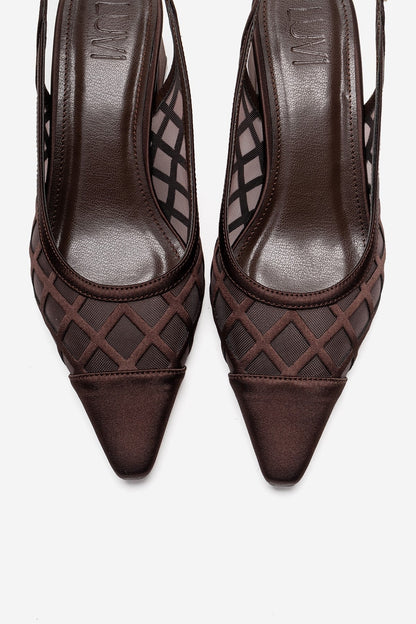 ALVERON - Zapatos de tacón de bloque de satén coñac con detalle de malla (Mujer)