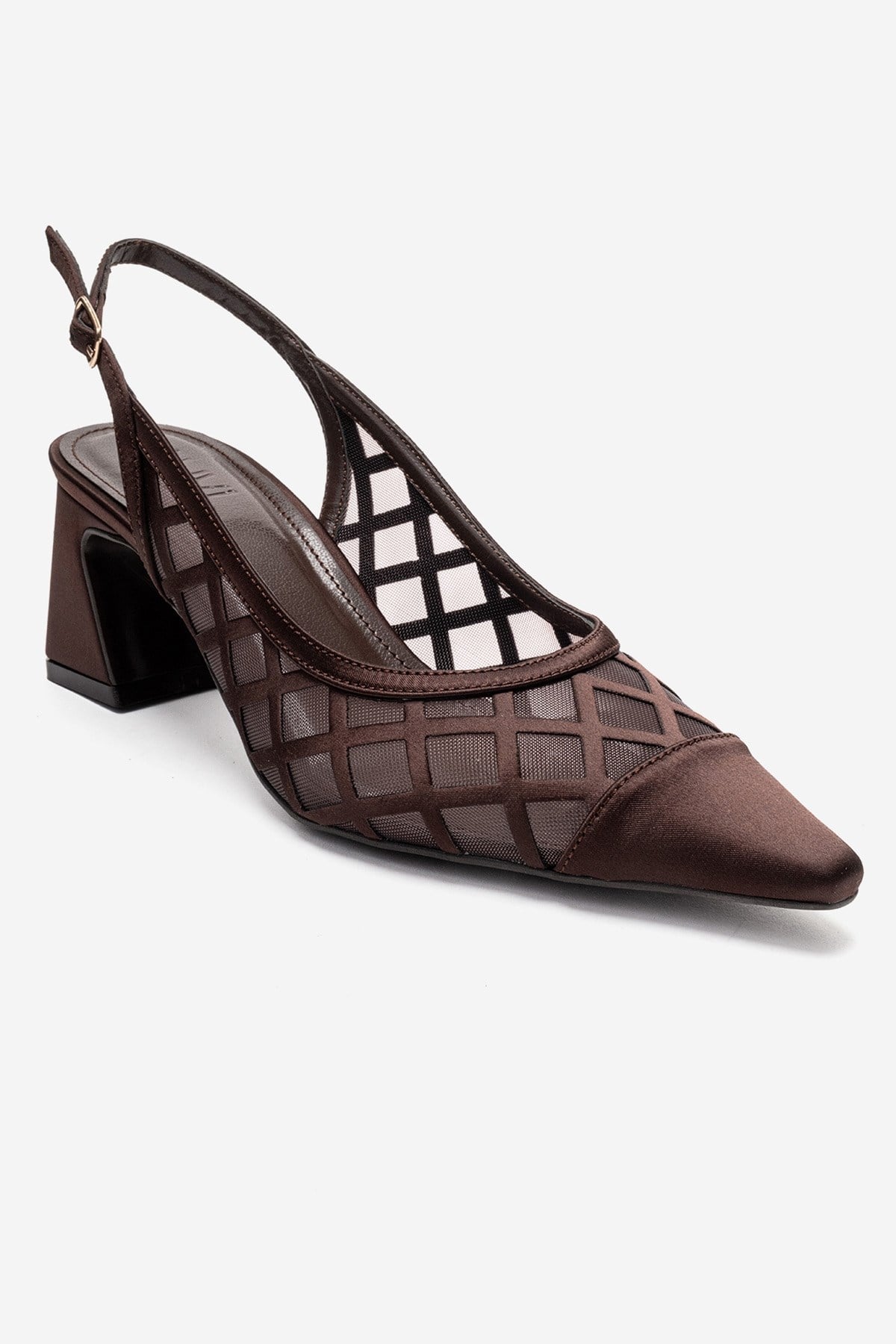 ALVERON - Zapatos de tacón de bloque de satén coñac con detalle de malla (Mujer)
