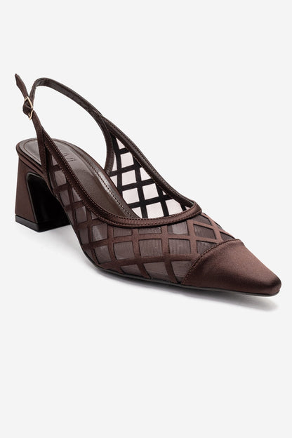 ALVERON - Zapatos de tacón de bloque de satén coñac con detalle de malla (Mujer)