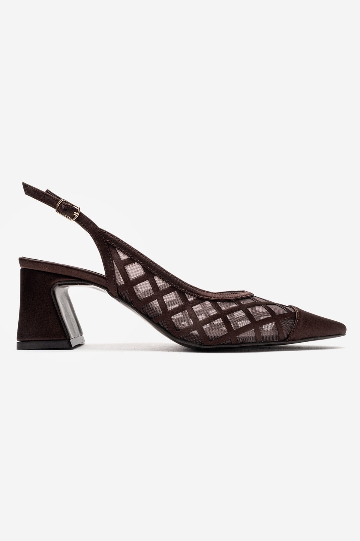 ALVERON - Zapatos de tacón de bloque de satén coñac con detalle de malla (Mujer)