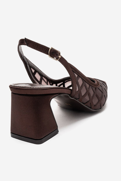 ALVERON - Zapatos de tacón de bloque de satén coñac con detalle de malla (Mujer)