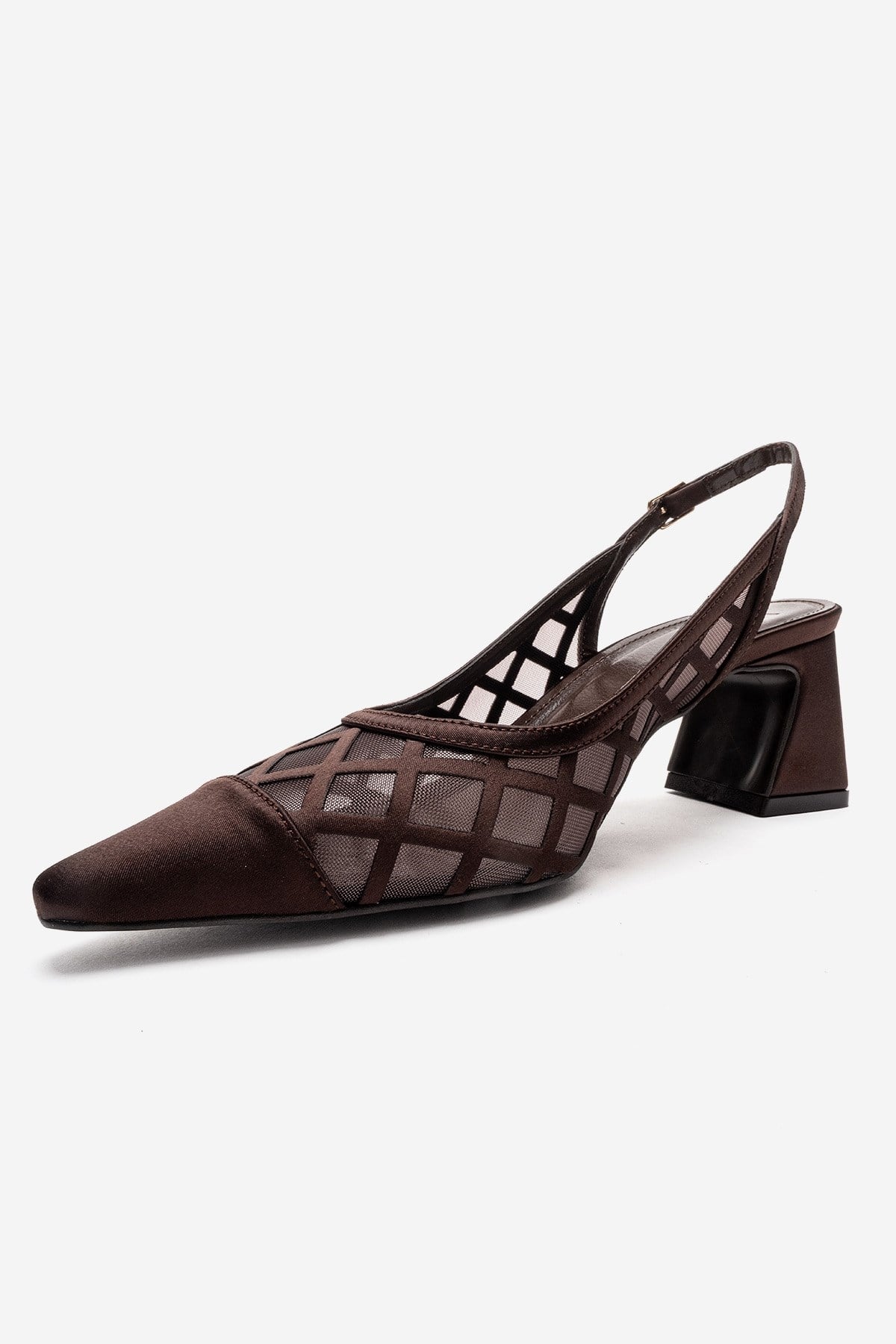 ALVERON - Zapatos de tacón de bloque de satén coñac con detalle de malla (Mujer)