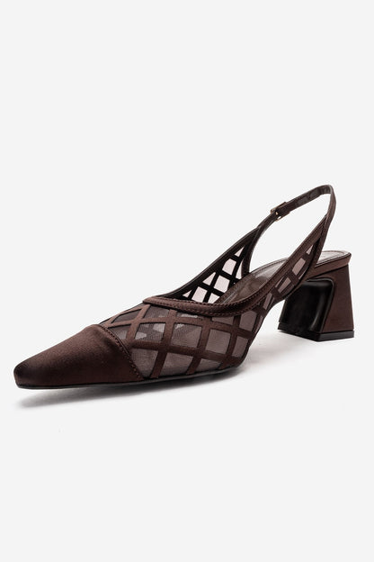 ALVERON - Zapatos de tacón de bloque de satén coñac con detalle de malla (Mujer)