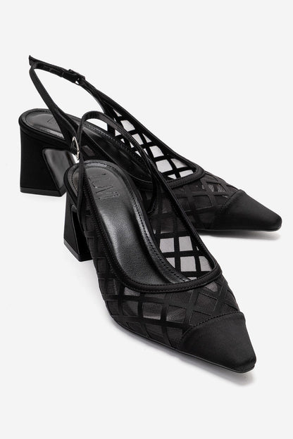 ALVERON - Zapatilla de tacón cuadrado de satén negro con detalle de malla (mujer)