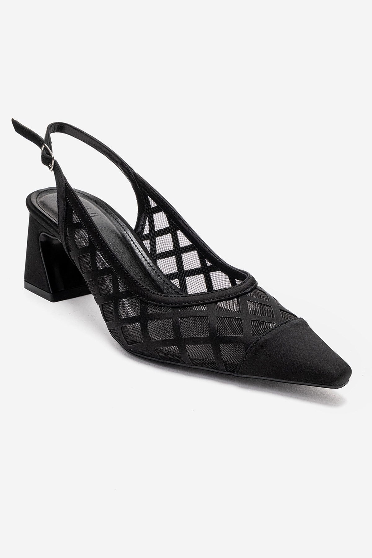 ALVERON - Zapatilla de tacón cuadrado de satén negro con detalle de malla (mujer)