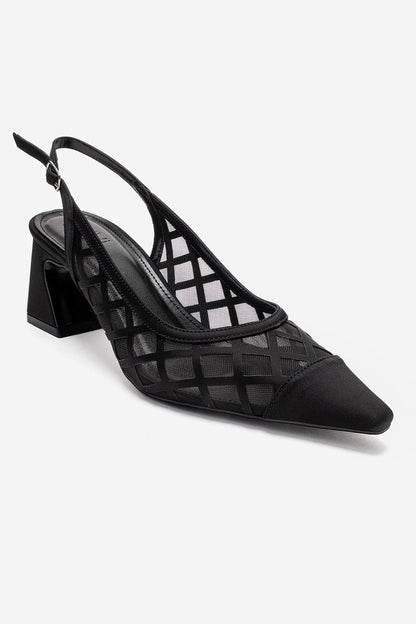 ALVERON - Zapatilla de tacón cuadrado de satén negro con detalle de malla (mujer)