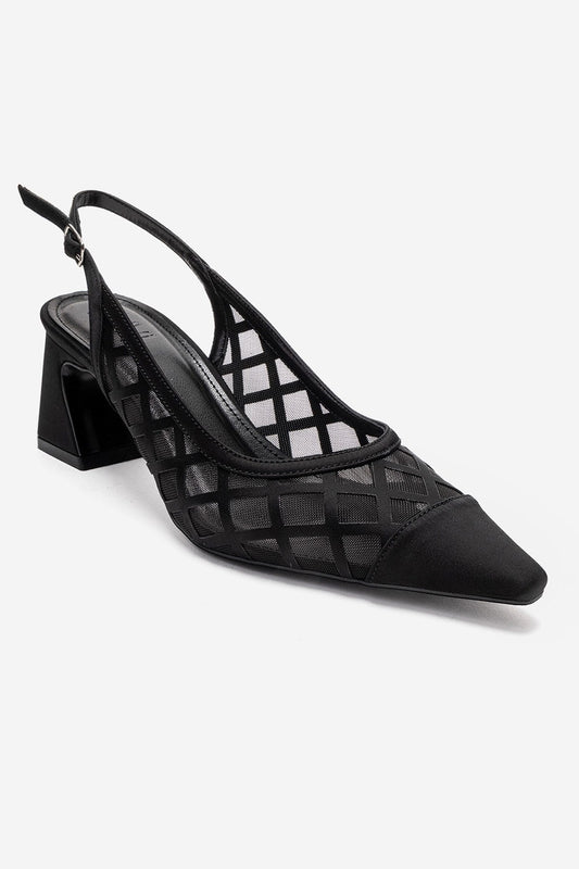 ALVERON - Black Satin Mesh Detail Block Heel Pump (Women)