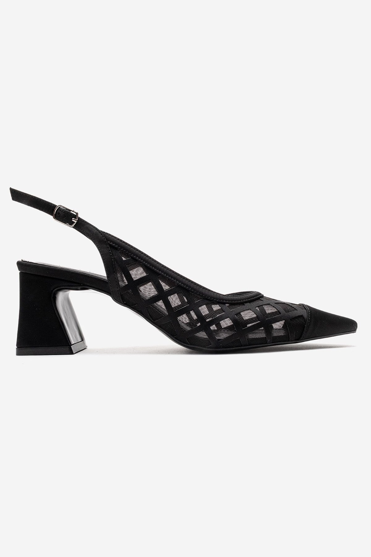 ALVERON - Zapatilla de tacón cuadrado de satén negro con detalle de malla (mujer)