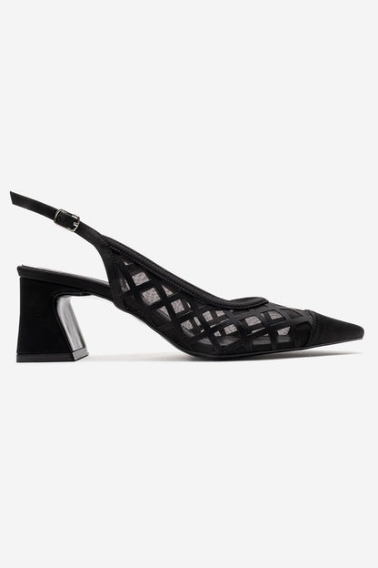 ALVERON - Zapatilla de tacón cuadrado de satén negro con detalle de malla (mujer)