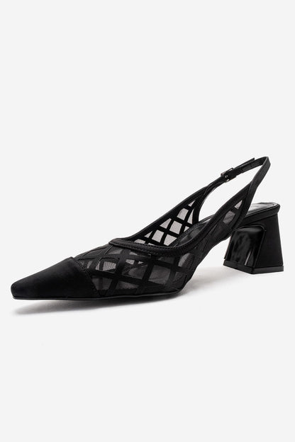 ALVERON - Zapatilla de tacón cuadrado de satén negro con detalle de malla (mujer)