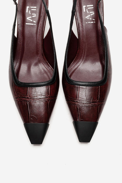 HILDA - Zapatos de tacón grueso con punta reforzada en color borgoña estampado (mujer)