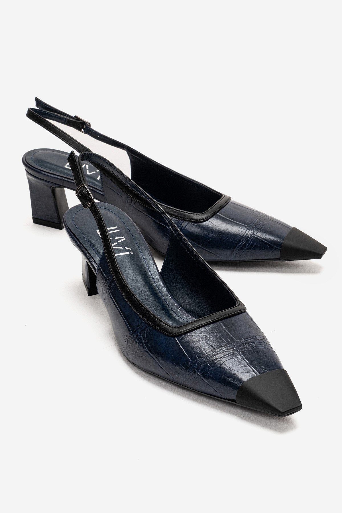 HILDA - Navy Printed Matte Cap Toe Block Heel Shoe (Women)