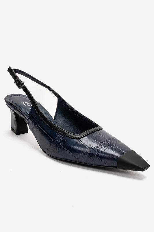 HILDA - Navy Printed Matte Cap Toe Block Heel Shoe (Women)