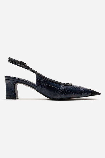 HILDA - Navy Printed Matte Cap Toe Block Heel Shoe (Women)
