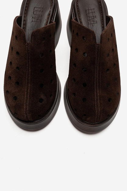 NIVES - Cognac Genuine Suede Leather Perforated Wedge Slide (Women)