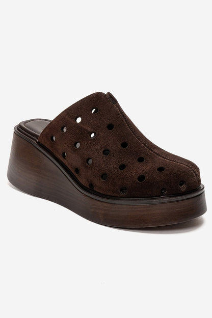NIVES - Cognac Genuine Suede Leather Perforated Wedge Slide (Women)