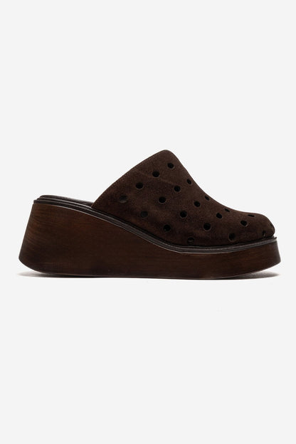 NIVES - Cognac Genuine Suede Leather Perforated Wedge Slide (Women)
