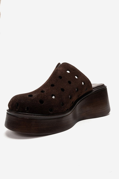 NIVES - Cognac Genuine Suede Leather Perforated Wedge Slide (Women)