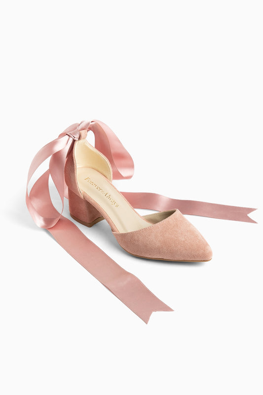 Fiona - Zapatos de Tacón de Ante Rosa Polvoriento con Cinta