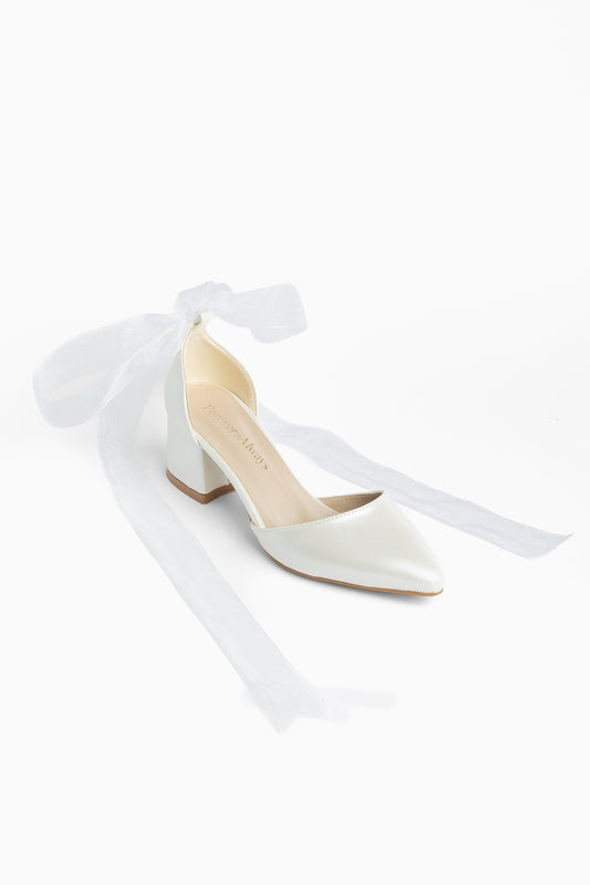 Fiona - Zapatos de tacón color marfil con cinta de tul