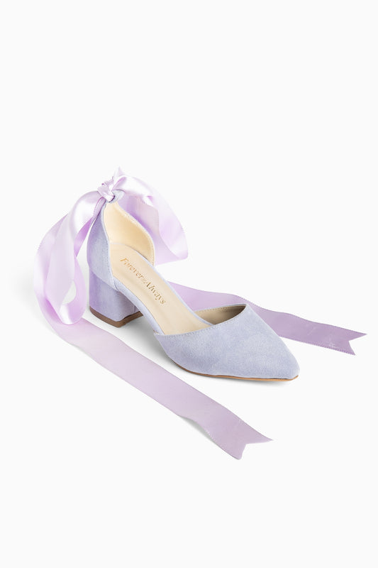 Fiona - Zapatos de tacón de ante lila con lazo de tul