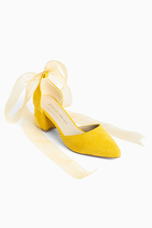 Fiona - Zapatos de Tacón de Ante Amarillo con Lazo de Tul