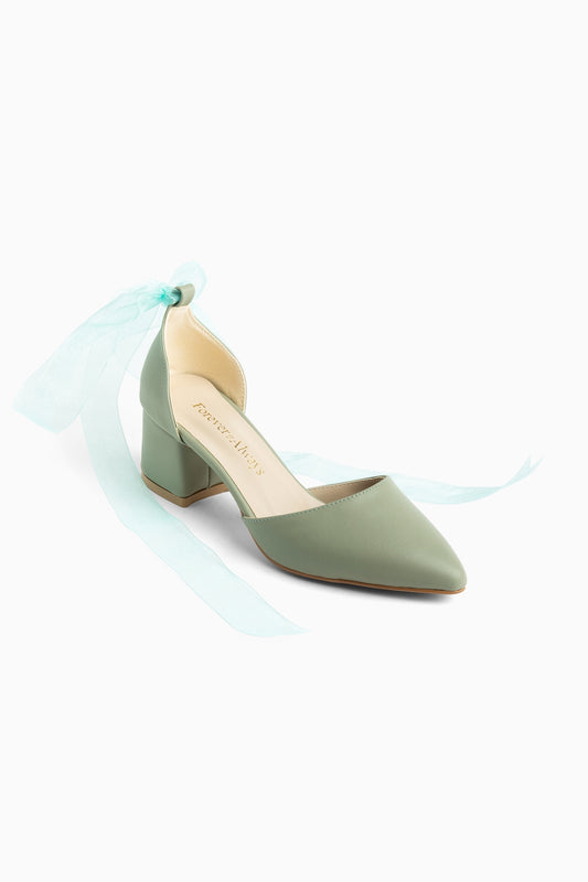 Fiona - Zapatos de Tacón Verde Salvia con Cinta de Tul