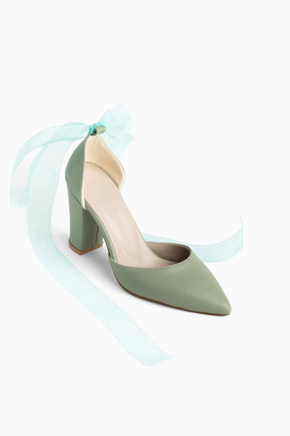 Gisele - Sage Green High Heels With Tulle Ribbon