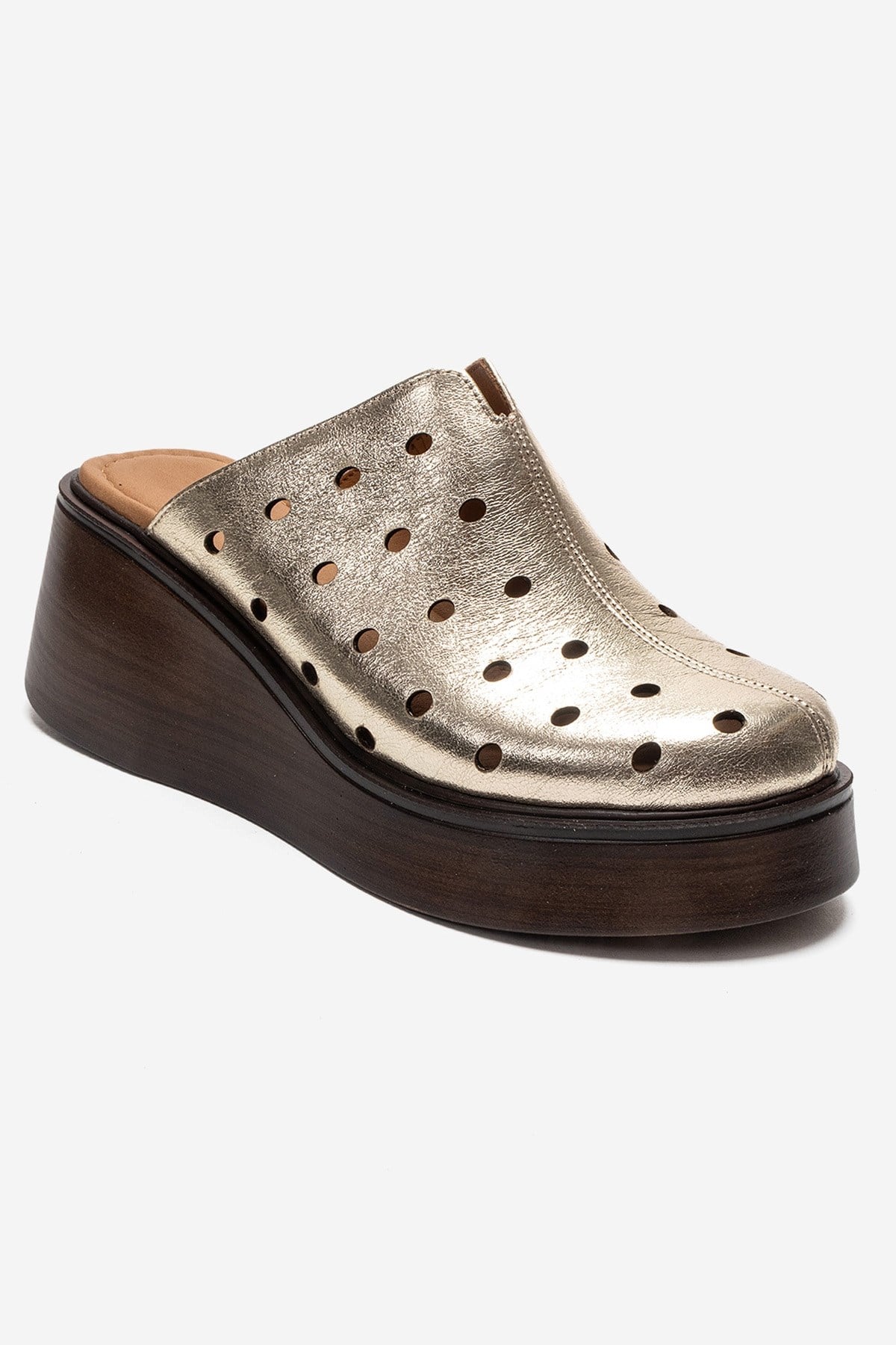 NIVES - Sandalia de cuña de cuero genuino dorado (Mujer)