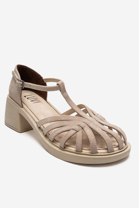 NOLANA - Sandalia Beige con Tacón Cuadrado (Mujer)
