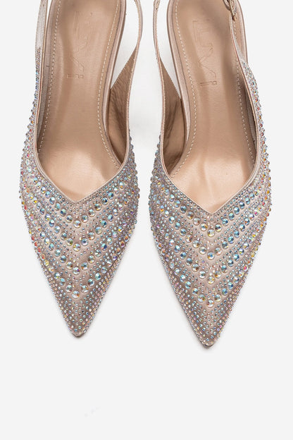 ROYALE - Zapatos de noche de tacón bajo de satén beige con adornos de piedras (mujer)