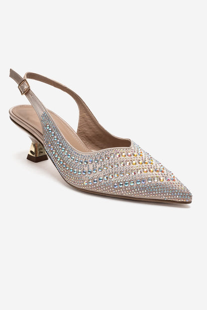 ROYALE - Zapatos de noche de tacón bajo de satén beige con adornos de piedras (mujer)