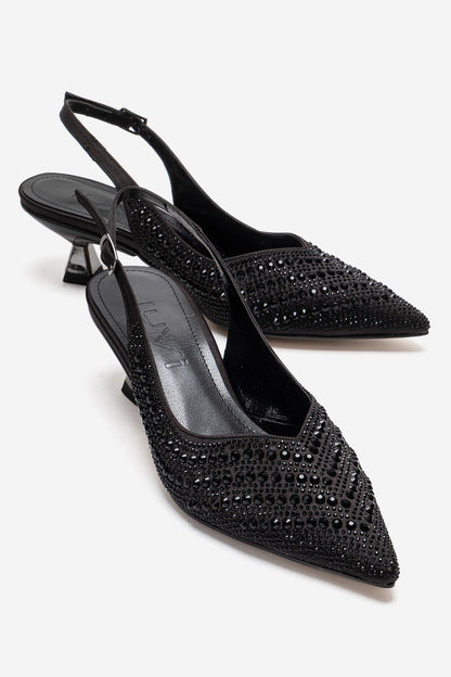 ROYALE - Zapatos de noche de tacón bajo con adornos de pedrería de raso negro (Mujer)