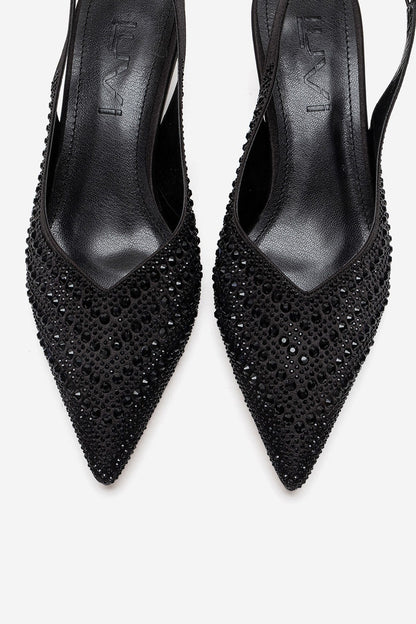 ROYALE - Zapatos de noche de tacón bajo con adornos de pedrería de raso negro (Mujer)