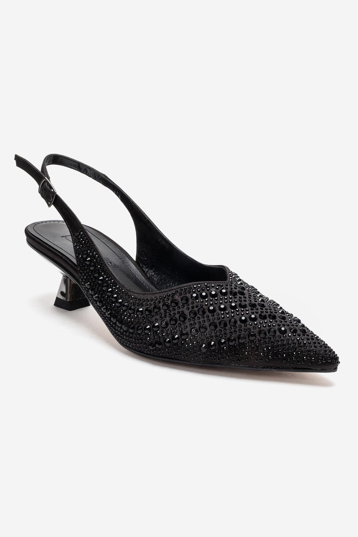 ROYALE - Zapatos de noche de tacón bajo con adornos de pedrería de raso negro (Mujer)