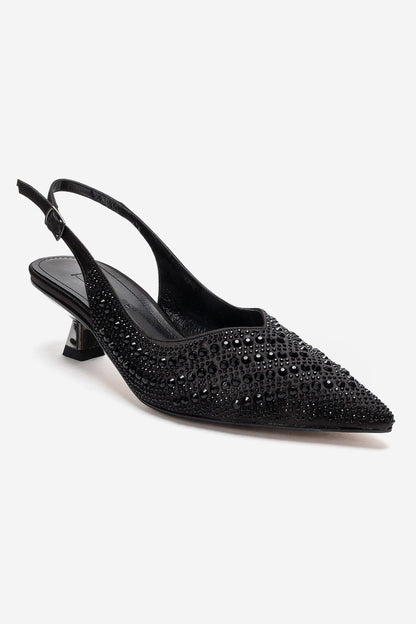 ROYALE - Zapatos de noche de tacón bajo con adornos de pedrería de raso negro (Mujer)