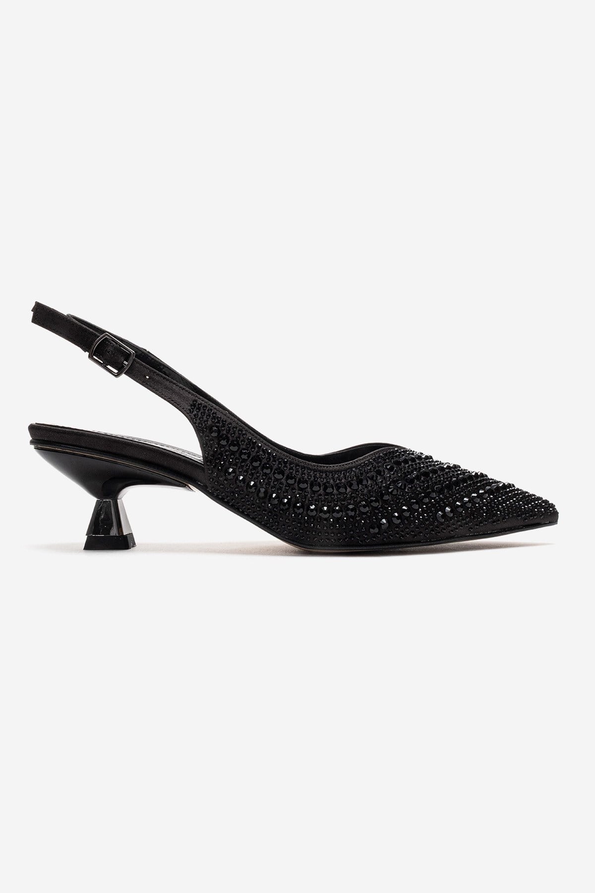 ROYALE - Zapatos de noche de tacón bajo con adornos de pedrería de raso negro (Mujer)