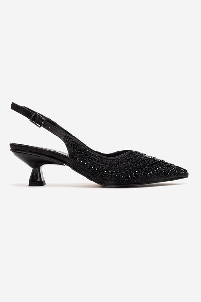 ROYALE - Zapatos de noche de tacón bajo con adornos de pedrería de raso negro (Mujer)