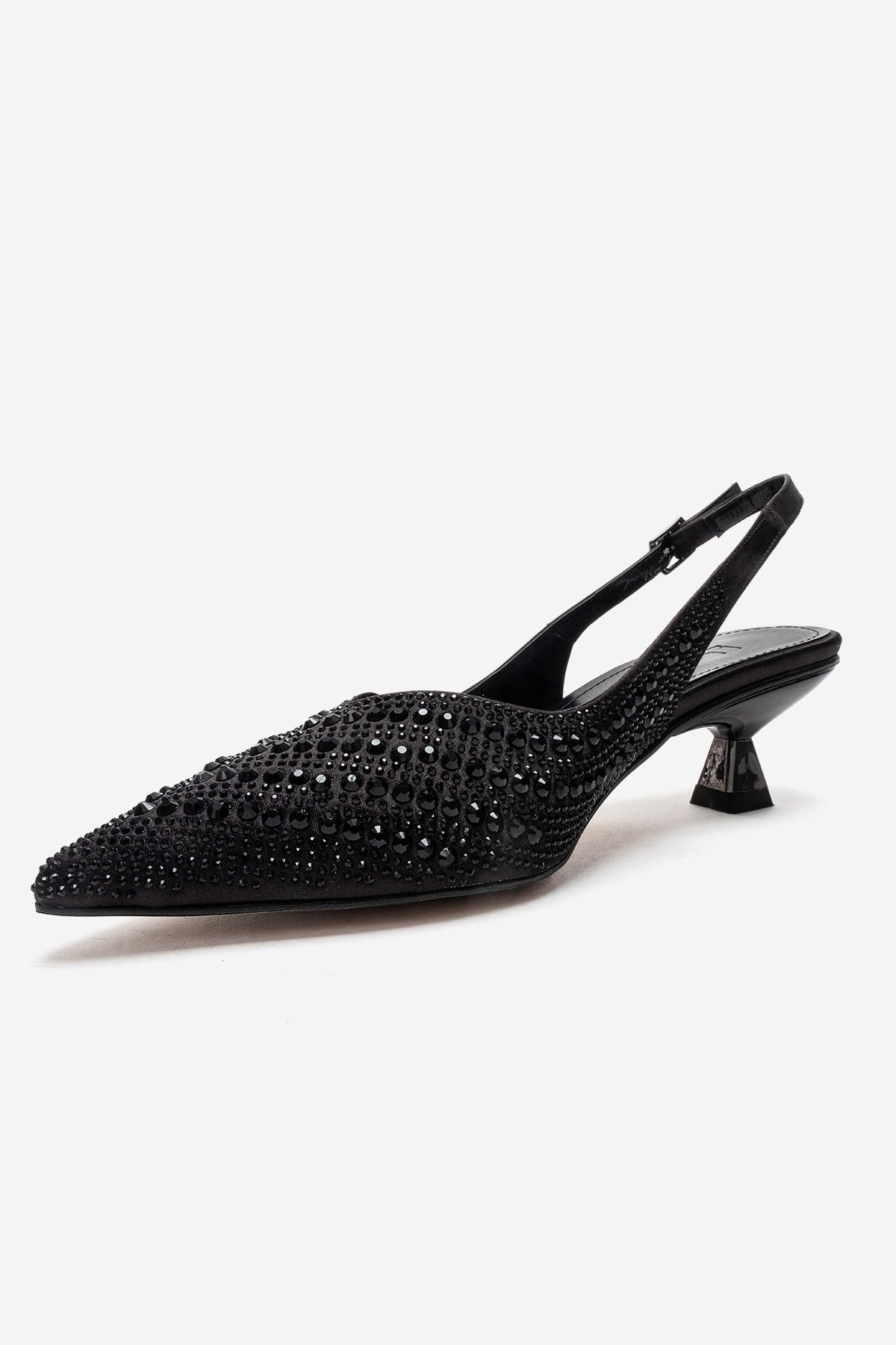 ROYALE - Zapatos de noche de tacón bajo con adornos de pedrería de raso negro (Mujer)