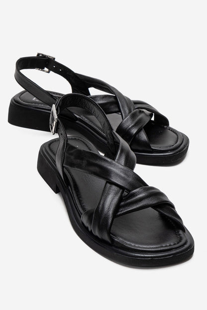 FRAND - Sandalia de tiras cruzadas de cuero genuino negro (Mujer)
