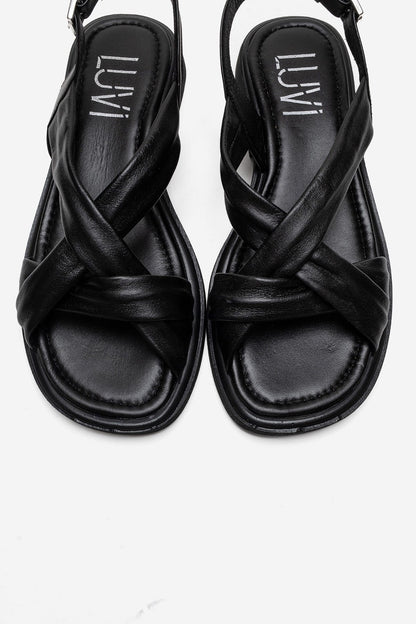 FRAND - Sandalia de tiras cruzadas de cuero genuino negro (Mujer)