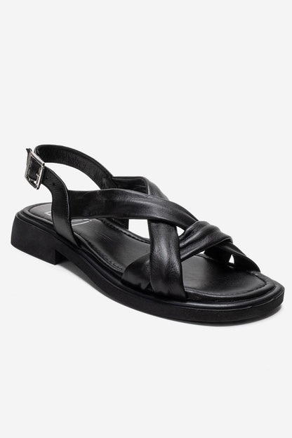 FRAND - Sandalia de tiras cruzadas de cuero genuino negro (Mujer)